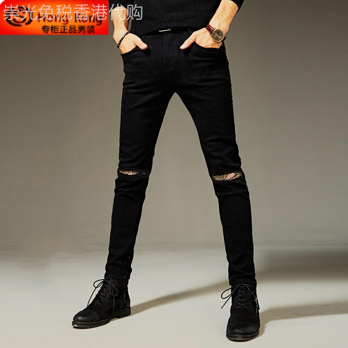 黑色破洞牛仔裤男春秋季2025新款9九分修身小脚潮牌高端男士裤子