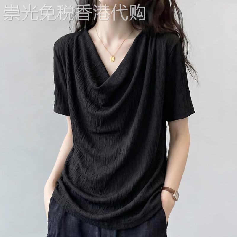 高级感黑色垂折领雪纺短袖T恤女新款夏季大尺码胖mm显瘦正肩上衣