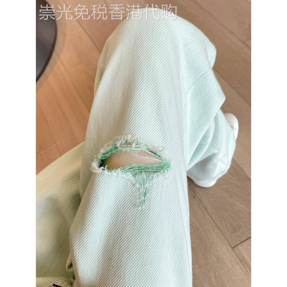 破洞牛仔裤女夏季新款高腰宽松显瘦垂感浅绿色直筒裤小个子阔腿裤
