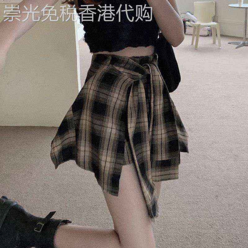 不规则格子半身裙女夏季新款欧货复古高腰辣妹减龄假两件短裤裙子