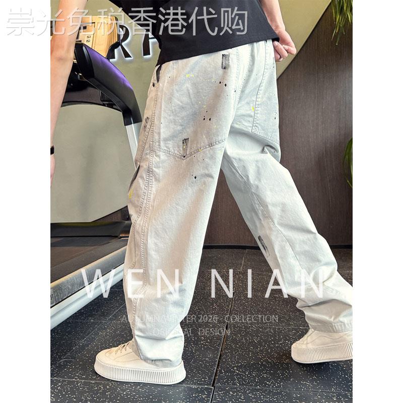 韩国WEN NIAN高端印花弯刀直筒裤男款2026夏季宽松阔腿休闲裤潮牌