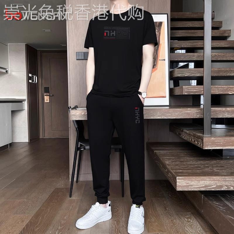 高端冰丝短袖t恤男士套装夏季2025新款休闲运动裤子男装搭配一套