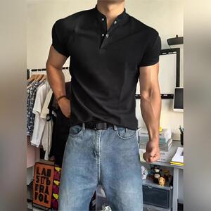 高端黑色亨利领POLO衫男2026夏季美式运动健身正肩t恤显肌肉短袖