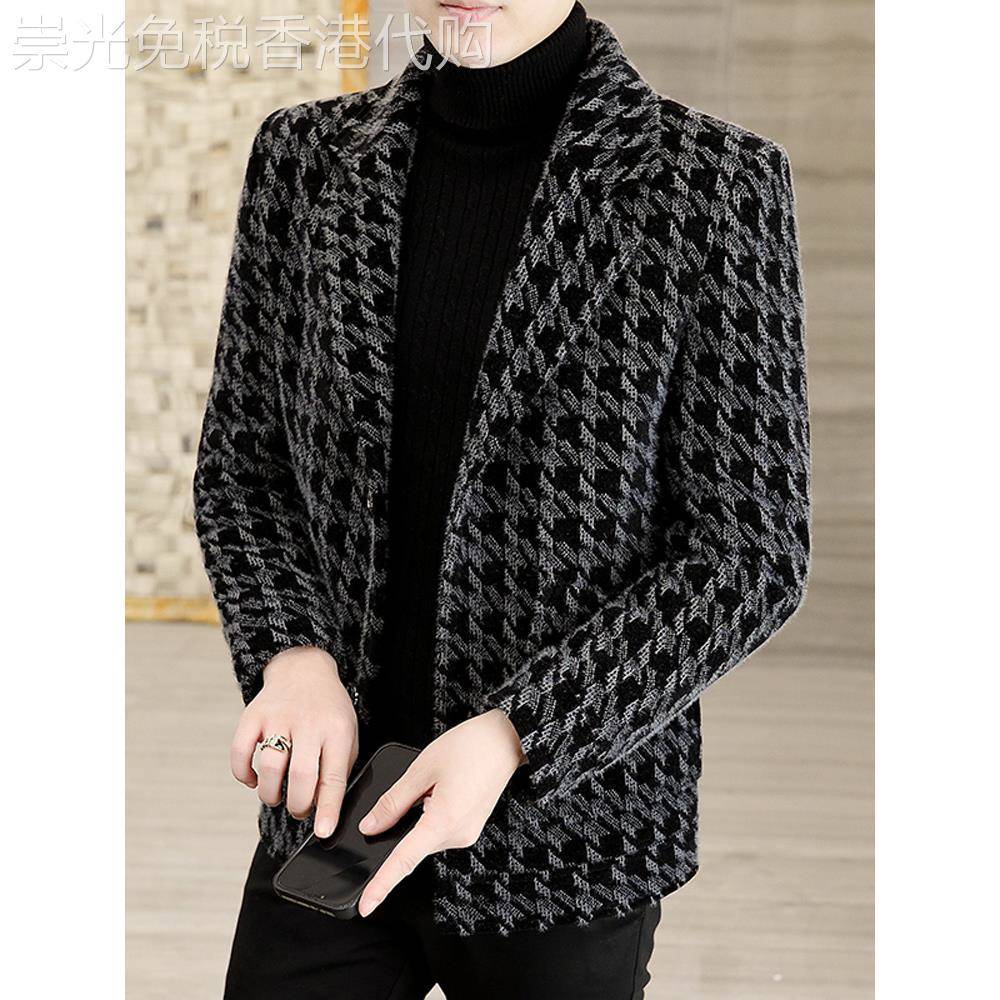 TWG秋冬季毛呢大衣男士金貂绒潮流帅气格子加厚夹克西装领外套男