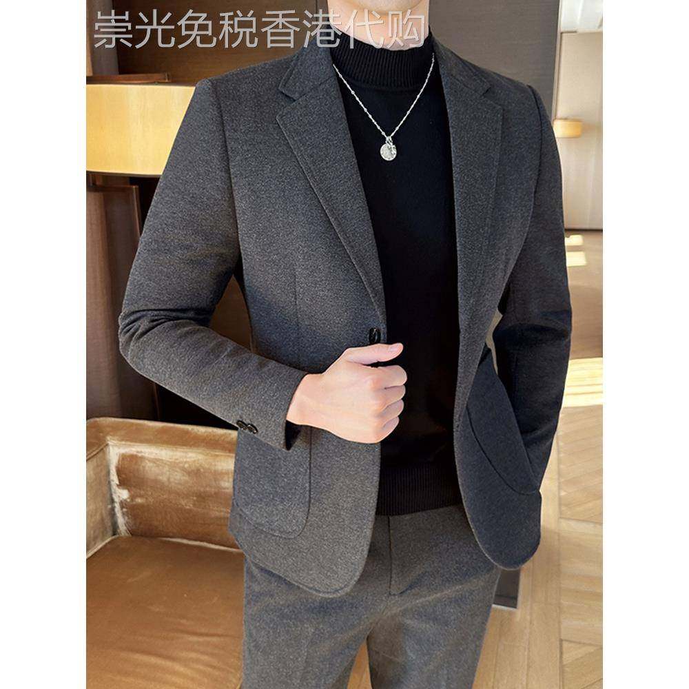 TWG毛呢西装套装男士秋冬季高级感痞帅气大码商务休闲西服外套潮