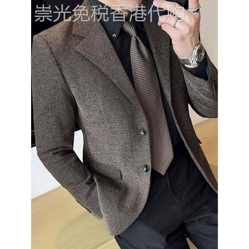 高级感西服外套男秋冬加厚韩版修身百搭商务休闲人字纹男士西装潮