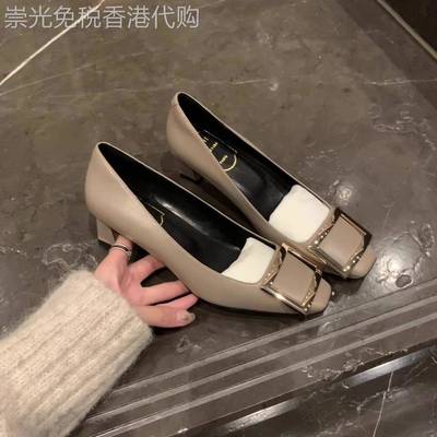 香港2025春秋款马蹄跟方头方扣粗跟单鞋女高跟鞋浅口漆皮通勤女鞋