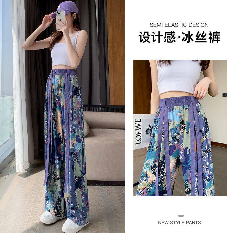 港味飘带印花阔腿裤女夏季新款高休闲裤
