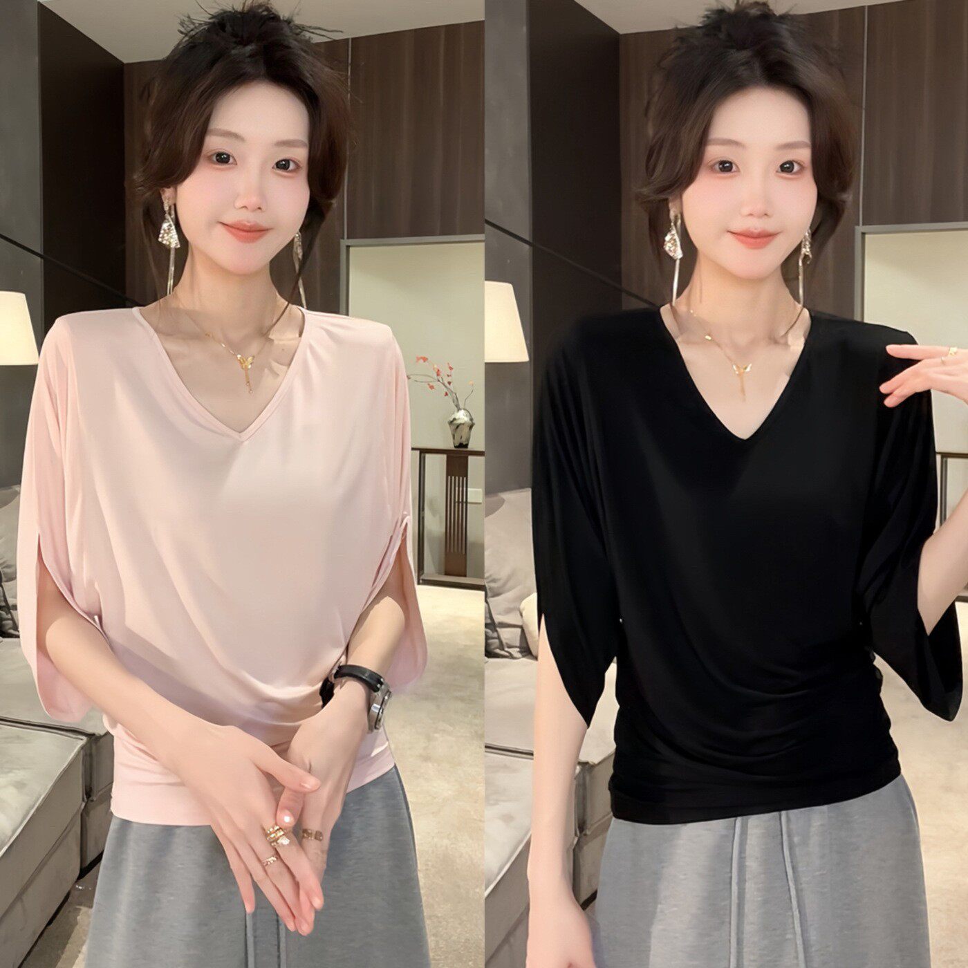 面膜感蝙蝠袖V领短袖t恤女夏极简袖子开叉收腰显瘦垂感五分袖上衣