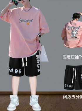 纯棉短袖T恤套装男夏季卡通印花