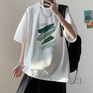 青少年上衣服潮流男生圆领5分袖 纯棉短袖 潮牌宽松半袖 夏季 t恤男款