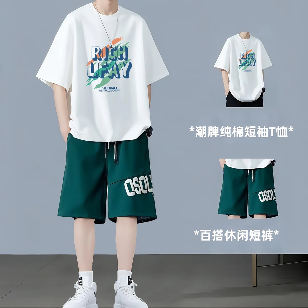 纯棉男夏季宽松短袖运动套装