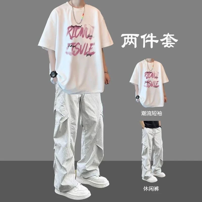 潮帅纯棉短袖T恤夏季青少年学生新款男装宽松穿搭两件套休闲套装