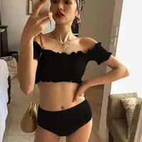 Sanqi phiên bản tiếng Hàn của ống đen hàng đầu chia eo cao bikini bảo thủ che bụng một tấm thép tập hợp vai áo tay áo bi - Bikinis ao tam xuan thu