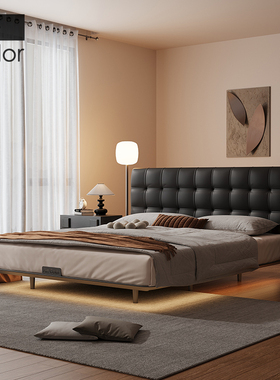 Art Color/真皮悬浮床主卧黑色华夫格薄床头靠背床现代简约齐边床