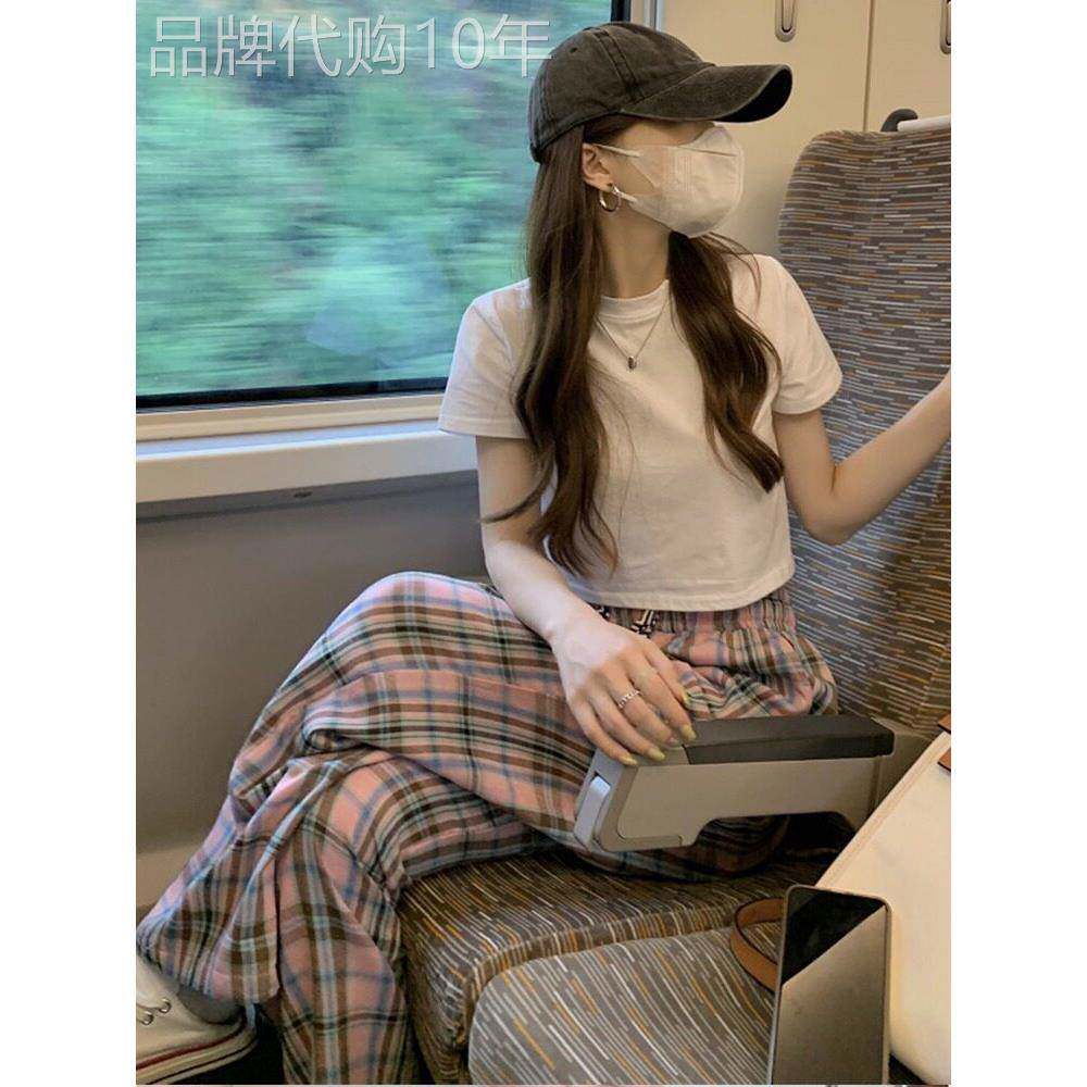 运动套装女夏欧货高腰短款露脐短袖T恤粉色格子阔腿拖地裤两件套