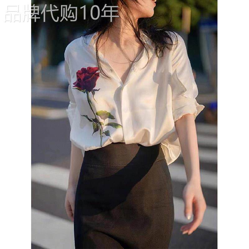 法式印花白色长袖衬衫女春秋新款设计感轻奢缎面上衣垂感高端衬衣