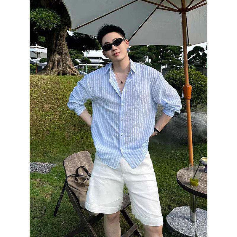 老钱风松弛感穿搭蓝色条纹衬衫男夏季休闲衬衣外搭开衫防晒外套