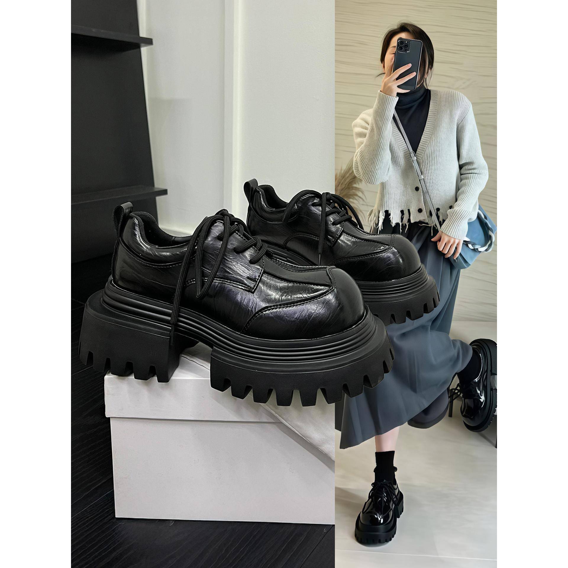 香港松糕鞋洋气小皮鞋女2025春秋新款厚底乐福鞋覆古百搭系带单鞋