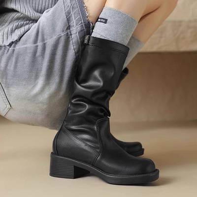 香港女士内增高靴2025春秋季厚底覆古中小腿靴堆靴西部牛仔靴