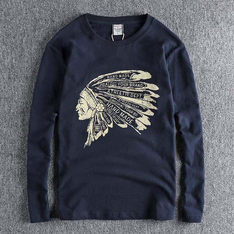 代购 纯棉磨毛舒适青年日常打底衫覆古印第安大印花图案长袖T恤男