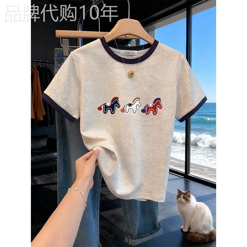 撞色圆领短袖T恤女2026夏季新款时尚洋气花灰色小马印花正肩上衣
