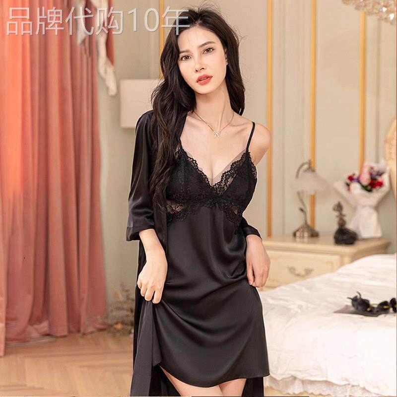 带胸垫一体性感冰丝吊带睡衣女夏高级感法式精致绝美睡裙睡袍套装
