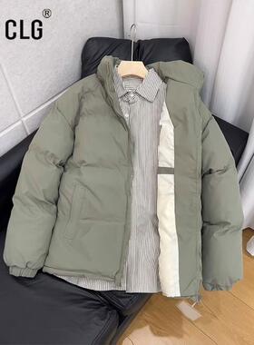 香港CLG潮牌灰绿色加棉加厚棉衣外套冬季廓形棉服青少年大码棉袄