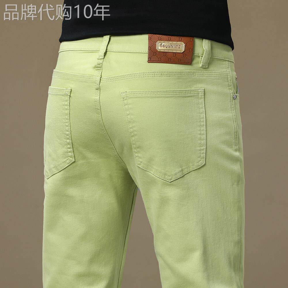 意大利高端三本针果绿色牛仔裤男春夏薄款修身小脚弹力纯色时尚潮