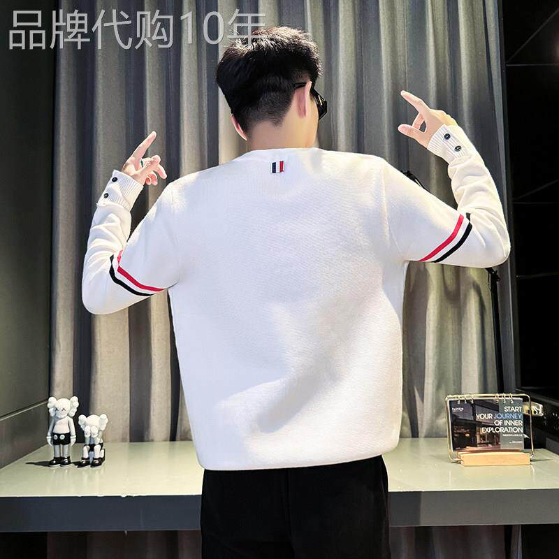 轻奢撞色条纹毛衣男白色内搭线衣打底衫新款春秋季潮流百搭针织衫