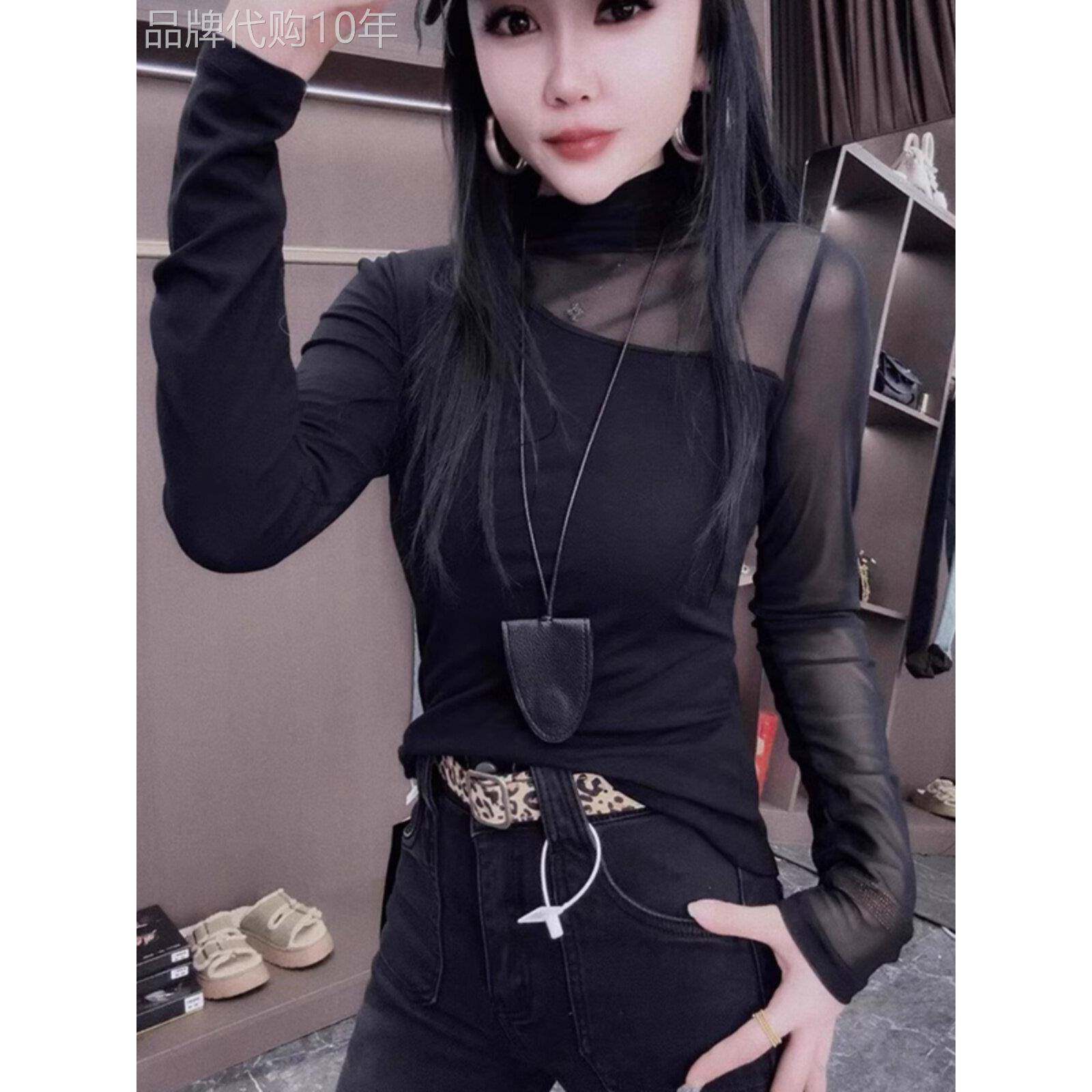 网纱拼接T恤蕾丝打底衫女欧货洋气内搭网红小心机半高领黑色上衣