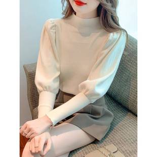 白色打底衫女2025新款春秋内搭可外穿加绒灯笼袖半高领针织衫毛衣