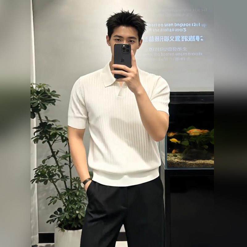 轻奢老钱风翻领短袖针织衫男款2026夏季韩版休闲风半袖修身polo衫