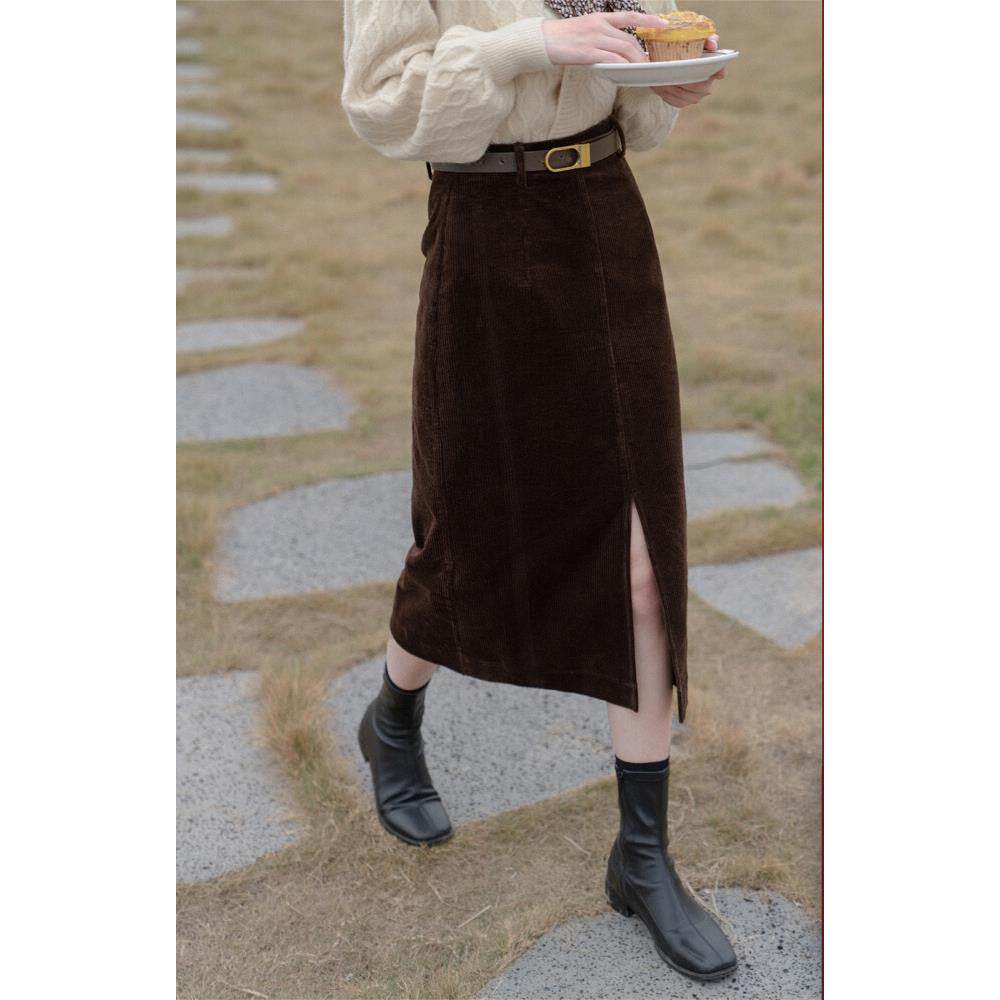 棕色灯芯绒半身裙女秋冬欧货高腰a字包臀裙中长款覆古开叉一步裙