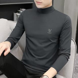 莫代尔半高领打底衫男士t恤长袖秋冬装加绒加厚中领内搭保暖内衣