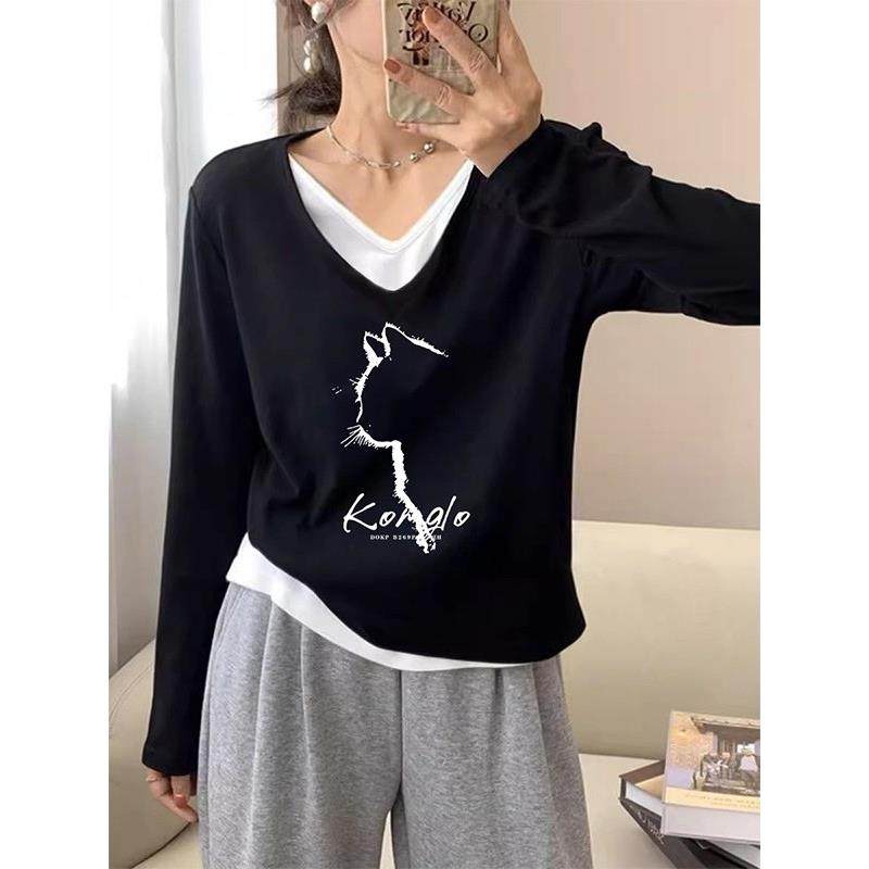 韩国假两件V领纯棉长袖t恤女时尚百搭减龄黑色显瘦上衣打底衫秋季