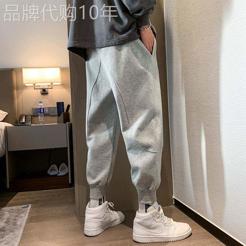 灰色运动裤子男秋冬季新款加绒纯棉宽松抽绳束脚卫裤潮牌休闲长裤