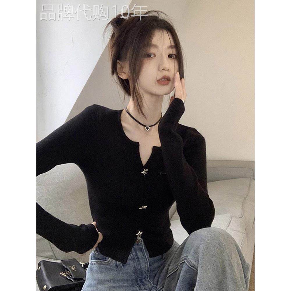 黑色短款绝美长袖小上衣女2025早初春新款外塔毛衣针织开衫高级感