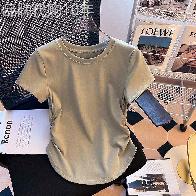 潮牌短袖T恤女夏季新款款设计感褶皱收腰不规则纯色修身弧形上衣