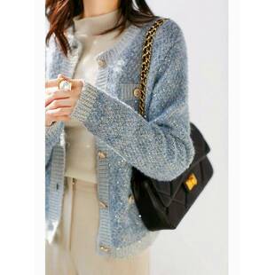小香风外套女春秋新款外搭高级设计感小众蓝色亮片针织开衫毛衣女