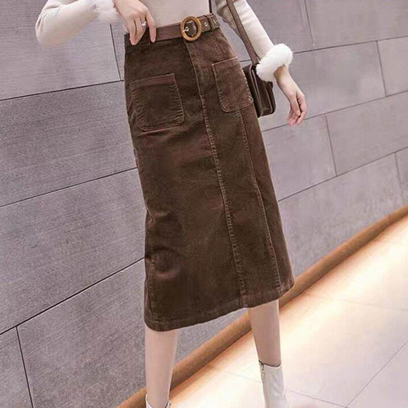 棕色灯芯绒半身裙女秋冬欧货高腰过膝a字包臀裙复古开叉一步长裙