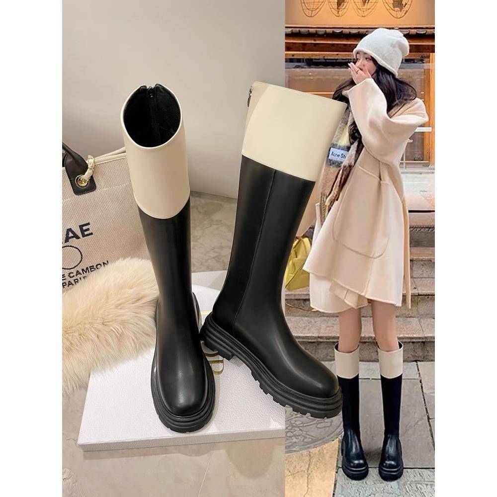 香港真皮拼接长筒靴女2025春秋新款高筒靴拼色厚底后拉炼骑士靴子
