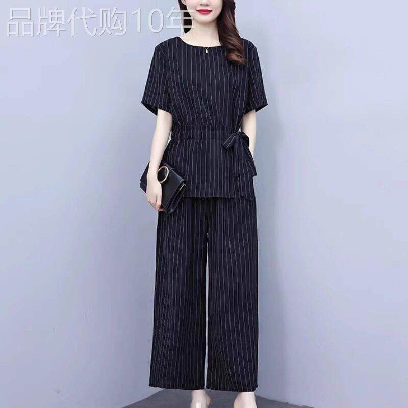 潮牌时尚休闲套装女夏季新款妈妈洋气收腰显瘦遮肚子阔腿裤两件套