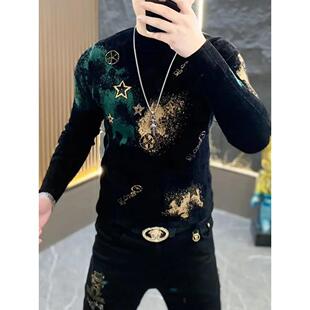 秋冬欧货潮牌修身提花毛衣男针织衫2025新款天鹅绒内搭圆领打底衫