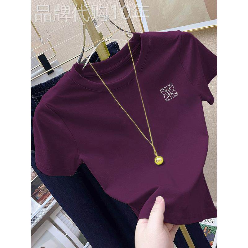 韩国潮牌紫色正肩修身短款短袖T恤女2025纯棉别致甜辣小个子上衣