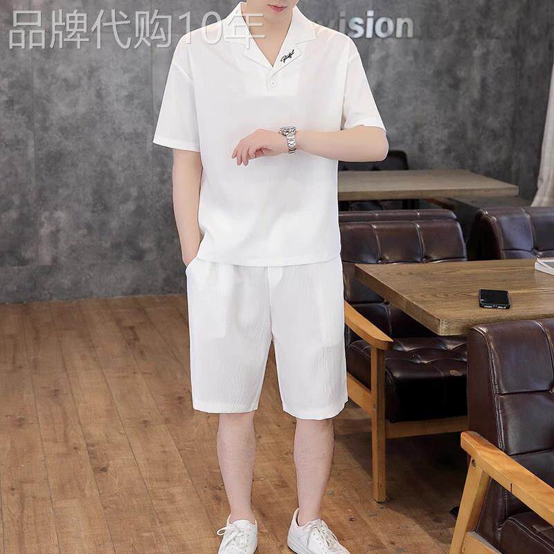 MK正品夏季冰丝套装男士高级感痞帅短袖宽松休闲男士运动两件套装