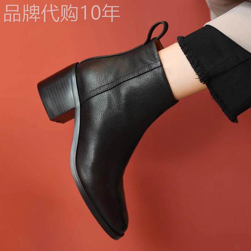 真皮切尔西短靴女2025秋冬新款及踝裸靴粗跟时尚百搭马丁靴高跟鞋