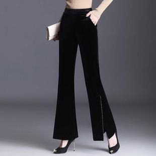 黑色金丝绒喇叭裤女垂坠感春秋高腰显瘦开叉鱼尾加绒阔腿微喇长裤