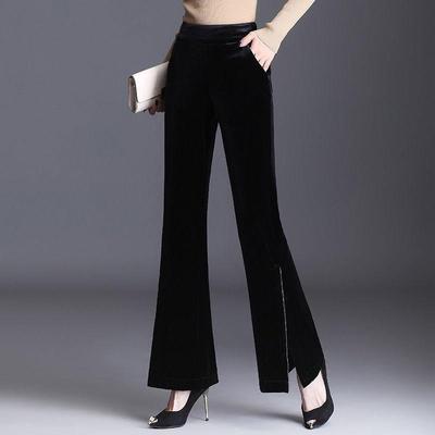 黑色金丝绒喇叭裤女垂坠感春秋高腰显瘦开叉鱼尾加绒阔腿微喇长裤