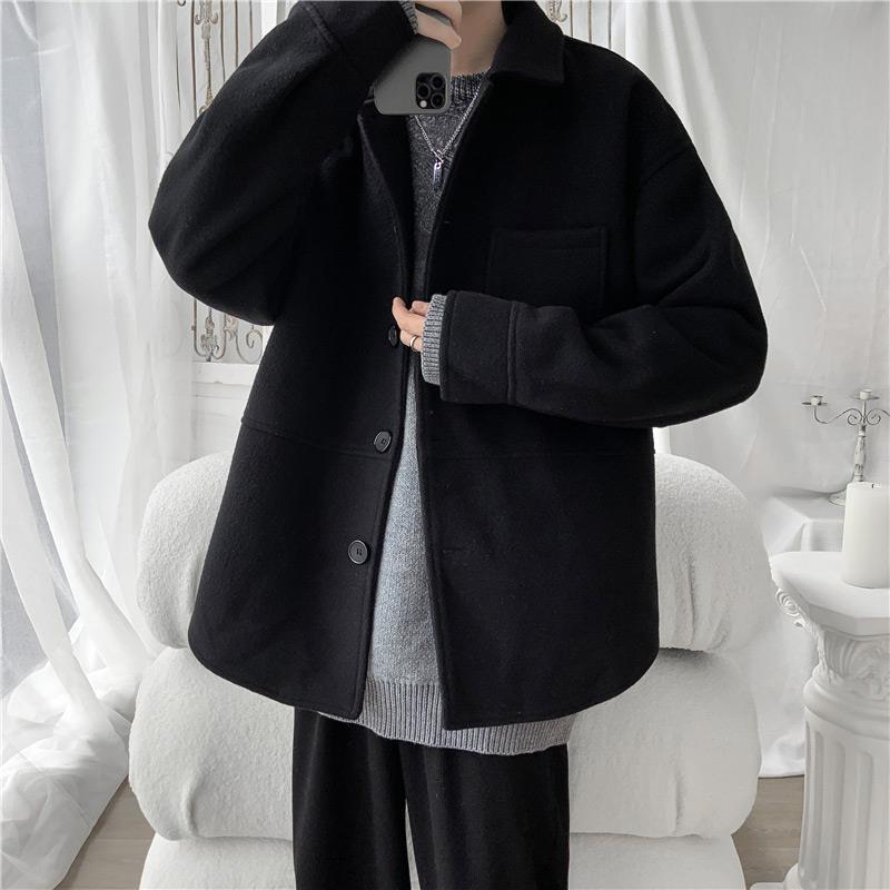 秋冬季毛呢大衣男短款加绒加厚韩版潮流风衣大码宽松纯色呢子外套